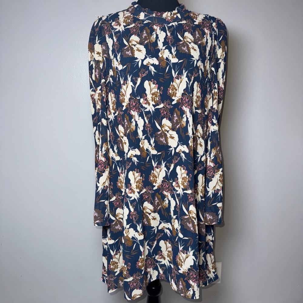 Loveriche Floral High Neck Bell Sleeve Mini Dress Navy Blue Brown Cream Large